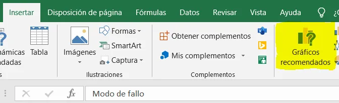 Pestaña Insertar de Excel con el botón Gráficos recomendados resaltado