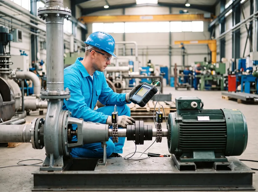 Técnico realizando alineación láser en planta industrial